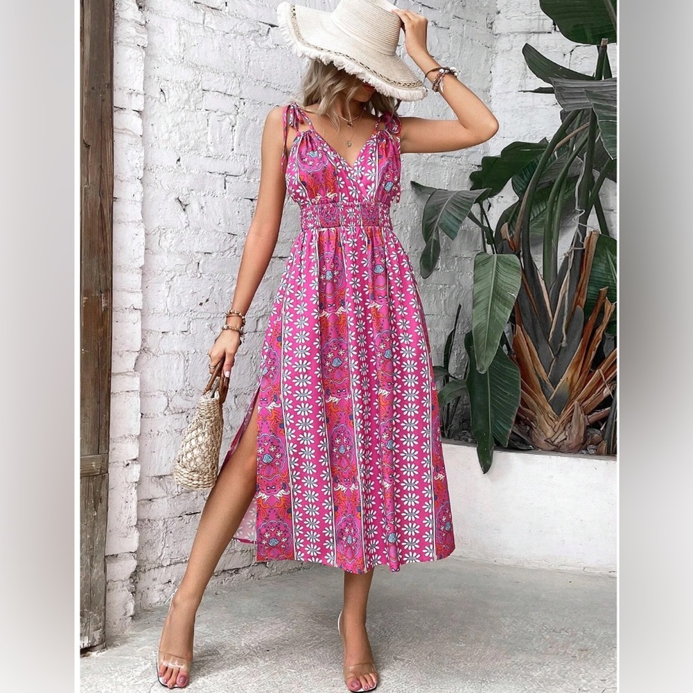 LAST ONE 🔥 Boho Pink Tie Shoulder Split Thigh Cami Dress